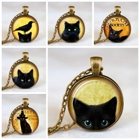 Collier de chat mignon en verre en métal vintage collier pendentif de gemme imprimé animal rond géométrique