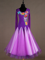 Costume de danse de salon manches longues femmes organza perles robes florales Déguisements Halloween