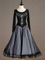 Costume de danse de salon noir a manches longues femmes organza perles longues robes de danse Déguisements Halloween