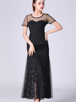 Costume de danse de salon Red Top et jupe Set Femmes Vêtements de danse perlés à manches courtes Déguisements Halloween