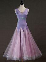 Costume de danse de salon Rose robes femmes manches longues en organza perlé formation de danse porter Déguisements Halloween