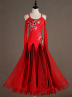 Costume de danse de salon rouge a manches longues bretelles femmes organza robes perlées Déguisements Halloween