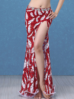 Costume de Danse du Ventre Bourgogne Longue Jupe Fendue Floral Femmes Bollywood Dance Bottoms Déguisements Halloween