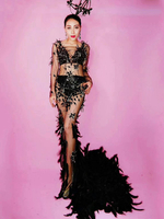 Costume De Danse Jazz Déguisements Halloween Femmes Noires Plume Sexy Robes Manches Longues Avec Train