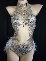 Costume De Danse Jazz Femmes Plumes Perlées Body Glitter Sexy Discothèque Porter Déguisements Halloween