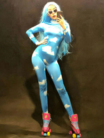 Costume de Danse Jazz Nuage Bleu Imprimé Manches Longues Combinaison Sexy Femmes Night Club Wear Déguisements Halloween