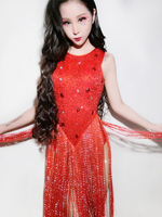 Costume de danse jazz rouge femmes sans manches glands robe Déguisements Halloween