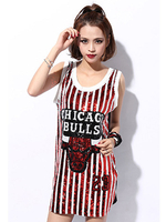 Costume de danse jazz rouge orné de pailletes Robe t-shirt de danse hip hop à rayures taureau pour femme