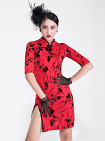 Costume de Danse Latine Cheongsam Robe Rouge Manche Demi Split Imprimé Floral Déguisements Halloween
