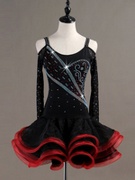 Costume de Danse Latine Femme Manches Longues Perles Ruffles Tutu Costumes de Danse Déguisements Halloween