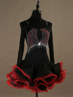 Costume De Danse Latine Femmes Bordeaux Perles Organza Volants Robes De Danse Déguisements Halloween