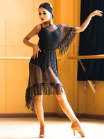 Costume de danse latine femmes noires robe de combinaison nette semi-pure frange costume de danse latine Déguisements Halloween