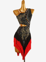 Costume de danse latine noir pour femmes robe en Lycra et Spandex dos nu Sexy franges et strass Costume de danseuse latine