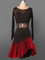 Costume de danse latine Organza manches longues deux ton Ruffles robe de danse latine pure Semi avec ceinture Déguisements Halloween