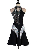 Costume de Danse Latine Sequin Strass Dos Nu Noir Femmes Vêtements de Danse Déguisements Halloween