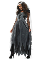 Costume de mariée cadavre Halloween femmes noires robes voile ras du cou 3 pièces