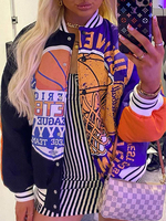 Veste femme col bijou manches longues boutons imprimé coupe-vent polyester veste de baseball surdimensionnée