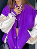 Veste Femme Col Montant Manches Longues Boutons Veste De Baseball Violet Polyester Bicolore