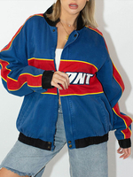 Veste femme col montant manches longues fermeture éclair lettres imprimer polyester coupe-vent bleu veste de baseball surdimensionnée