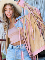 Veste Femme Col Rabattu Frange Géométrique Cuir PU