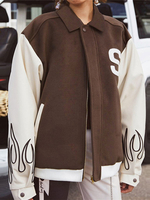 Veste Femme Col Rabattu Manches Longues Boutons Lettres Imprimer Polyester Surdimensionné Veste Kaki Manteaux