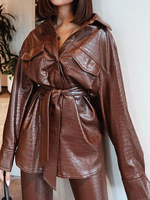 Veste Femme Col Rabattu Manches Longues Boutons Polyester Coupe-Vent Veste En Cuir Marron Surdimensionnée