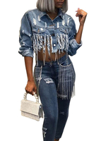 Veste Femme Col Rabattu Manches Longues Détails Métalliques Denim