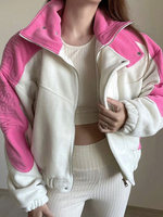 Veste Femme Col Rabattu Manches Longues Fermeture Éclair Bicolore Polyester Rose Rouge Veste Courte