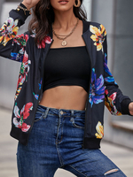 Veste Femme Courte Imprimé Fleurie avec Manches Longues à Col Rond à Zip