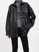 Veste Femme en Cuir Synthétique à Col Revers Fermeture avec Bouton-pressions avec Manches Longues avec Poche Unicolore Décontractée