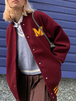 Veste femme manteaux col montant col bijou boutons lettres imprimé polyester veste de baseball bordeaux