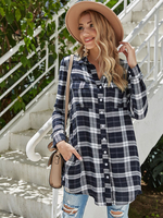 Veste femme noir col rabattu manches longues motif à carreaux chemise décontractée en coton polyester