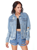 Veste Femmes à Col Revers en Denim avec Les Boutons Déchiré avec Poches Uicolore Bleu Clair Femme
