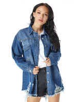 Veste Femmes à Col Revers en Denim avec Les Boutons Déchiré avec Poches Uicolore Bleu Femme