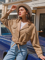 Veste Femmes Courte à Col Revers avec Manches Longues Amples Fermeture avec Boutons Décors avec Noeud avec Poches Unicolore