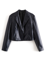 Veste Femmes Courte à Cuir Synthétique Vernis Tailles Haute avec Manches Longues à Col Revers Unicolore