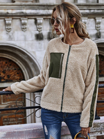 Veste Femmes Teddy Courtes à Col Rond avec Manches Longues Cousu avec Cuir Synthétique avec Poches Bicolores