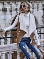 Veste Gilet Femme Hiver Fausse Fourrure Synthétique à Col Revers Bimatières avec Cuir Synthétique en Croûte Sans Manches Manteau Hiver Femme