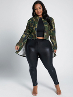 Veste Grande Taille Courte Imprimés Camouflages avec Traîne à Col Revers avec Manches Longues avec Poches Bicolores Veste Sexy