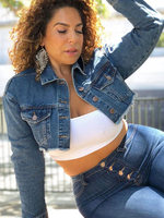 Veste Grande Taille Taille Haute en Denim à Col Revers avec Manches Longues avec Poches avec Boutons Unicolore Veste Sexy