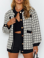 Veste Imprimé Carreaux Courte Femme Teddy avec Manches Longues à Col Rond avec Poches avec Boutons Bicolores