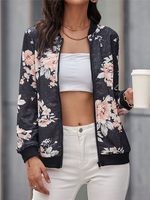 Veste Imprimé Fleurie Courte Femme à Col Rond avec Manches Longues à Zip