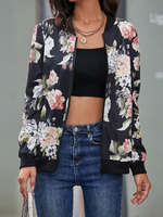 Veste Imprimé Fleurie Courte Femme à Col Rond avec Manches Longues à Zip