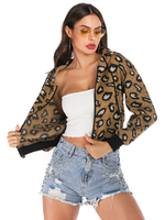 Veste Leopard à Col Montant Femme avec Les Manches Longs Bimatière Imprimé Animal Taille Haute Fermeture par Zips Veste Femme
