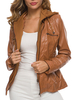 Veste Manteau en Cuir Synthétique Femmes Courtes à Capuche avec Manches Longues à Zip avec Poches Unicolore