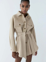 Veste Manteau Femme Courte à Col Revers avec Manches Longues Coupe Cintrée à Lacets Bas Evasée Unicolore Veste Femme