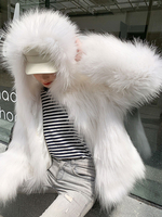 Veste Manteau Femme Hiver à Capuche à Fausses Fourrures Synthétiques Courte avec Manches Longues Unicolore Manteau Veste Femme