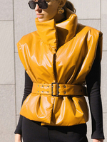 Veste Manteau Femme Hiver à Col Montant sans Manches Ceinturé Courte Bas Evasée Unicolore Vernis Manteau Veste Femme