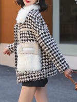 Veste Manteau Femme Hiver à Col Revers à Fausses Fourrures Synthétiques avec Manches Longues avec Poches Courte Pied-de-poule Manteau Veste Femme