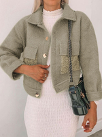 Veste Manteau Femme Hiver Teddy Fausse Fourrure Synthétique à Col Revers avec Poches Taille Haute Courte Unicolore